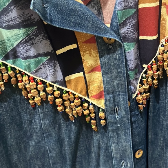 Oversized denim knee length shirt dress with beaded trim - Picture 4 of 5